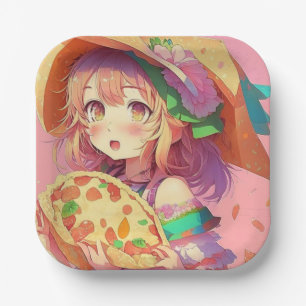 Hübsch Anime Girl Holding a Pizza Pappteller