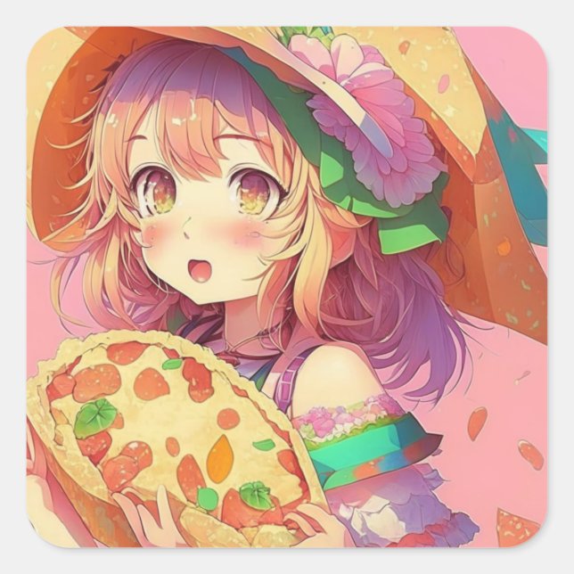 Hübsch Anime Girl Holding a Pizza Quadratischer Aufkleber (Vorderseite)