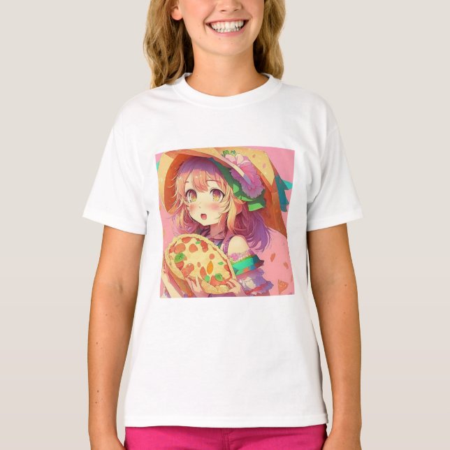 Hübsch Anime Girl Holding a Pizza T-Shirt (Vorderseite)