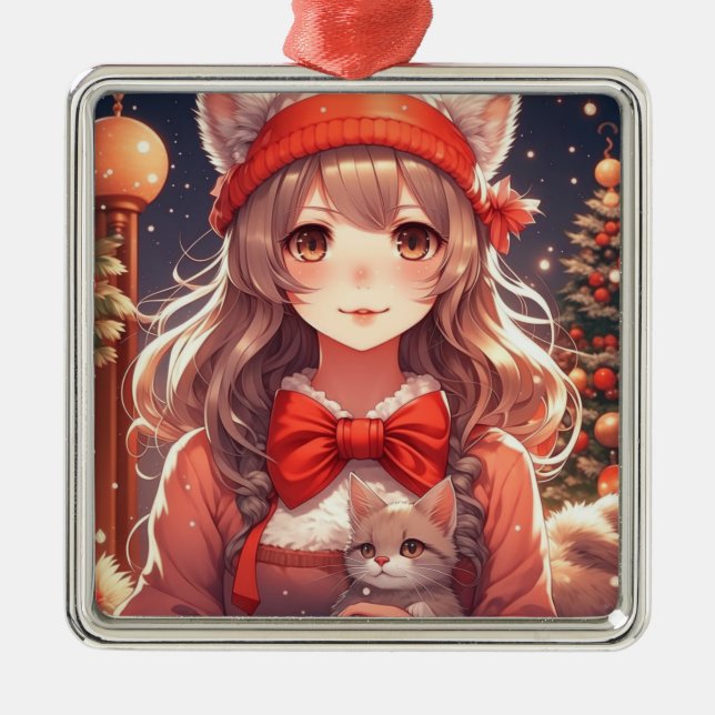 Hübsch Anime Girl Holding Kitten Weihnachten Ornament Aus Metall (Vorne)