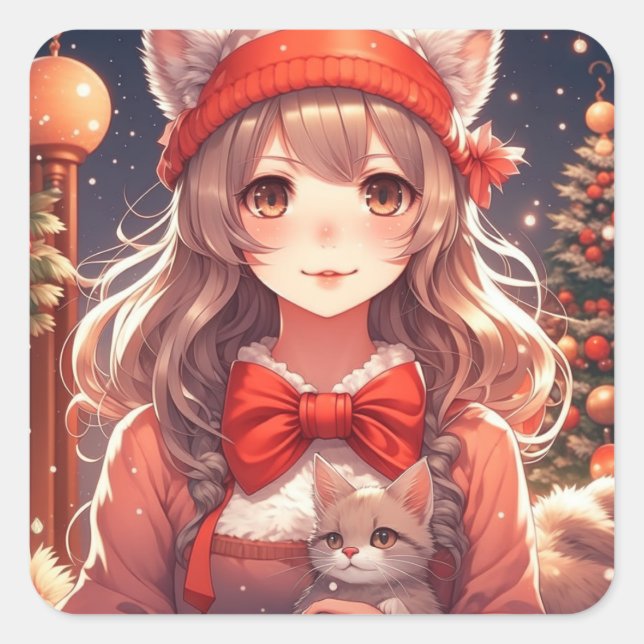 Hübsch Anime Girl Holding Kitten Weihnachten Quadratischer Aufkleber (Vorderseite)