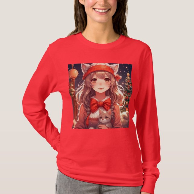 Hübsch Anime Girl Holding Kitten Weihnachten T-Shirt (Vorderseite)