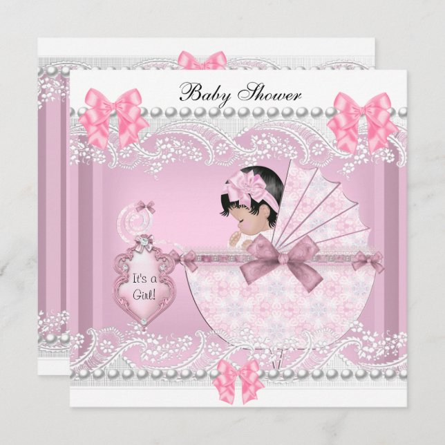 Hübsch Babydusche Niedlich Girl Pink Vintag Einladung (Vorne/Hinten)