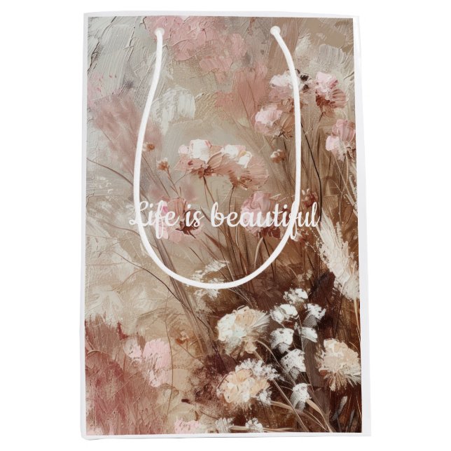 Hübsch Beige Blush Pink Boho Floral Mittlere Geschenktüte (Vorderseite)