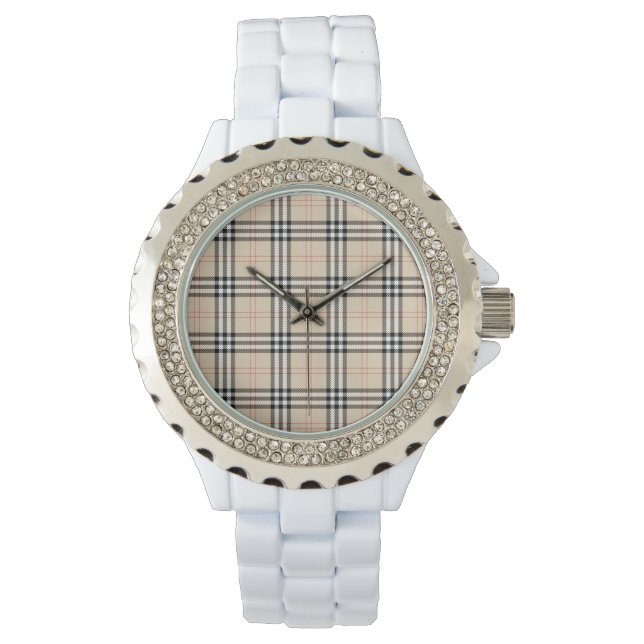 Hübsch Beige Kariert Tartan Armbanduhr (Vorderseite)