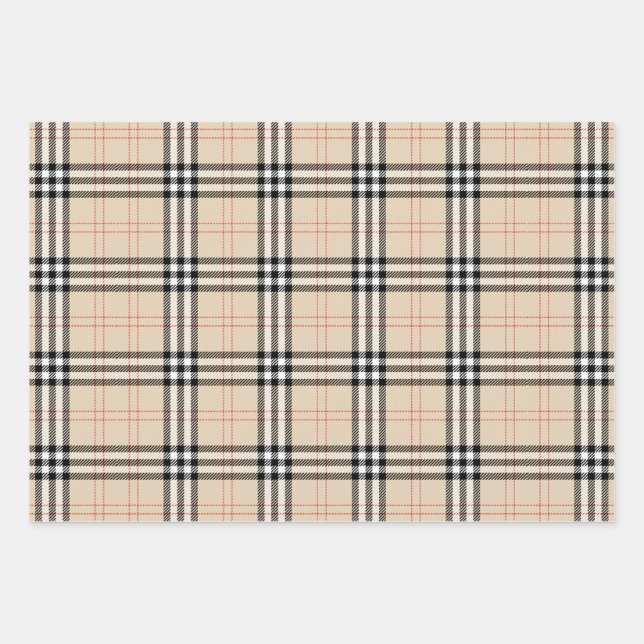 Hübsch Beige Kariert Tartan Geschenkpapier Set (Vorderseite 3)
