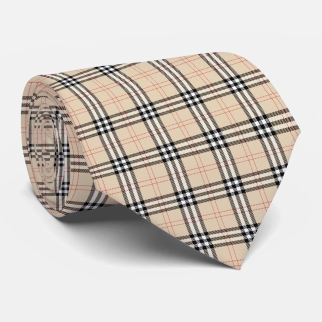 Hübsch Beige Kariert Tartan Krawatte (Gerollt)
