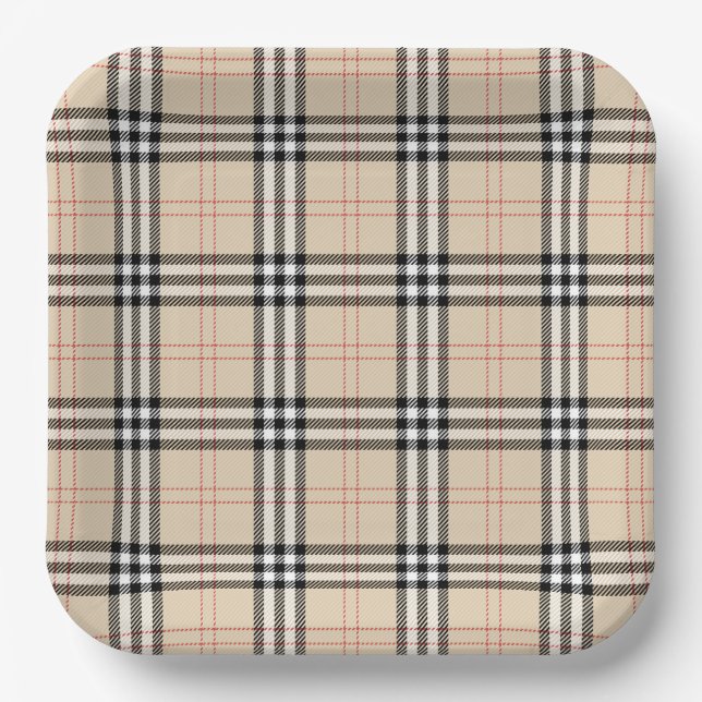 Hübsch Beige Kariert Tartan Pappteller (Vorderseite)