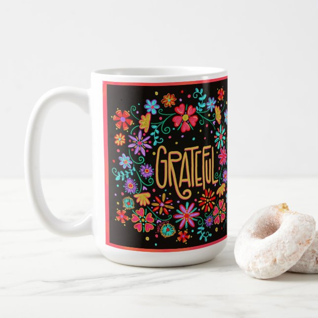 Hübsch Black Floral Inspiriert Dankbarkeit Kaffeetasse (Mit Donut)