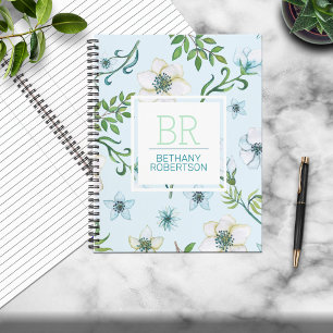 Hübsch Blau-Farbe Blumen Personalisiert Notizbuch