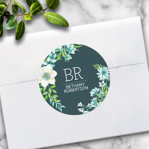 Hübsch Blau-Farbe Blumen Personalisiert Runder Aufkleber