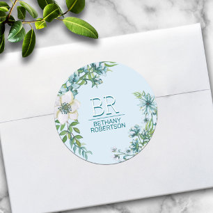 Hübsch Blau-Farbe Blumen Personalisiert Runder Aufkleber