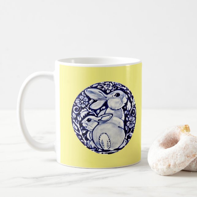 Hübsch Blau-Gelb-Hasen-Kaninchen-Keramik Art Kaffeetasse (Mit Donut)