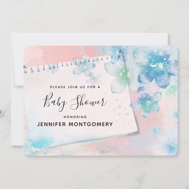 Hübsch blaue Blüten auf rosa Hintergrund Babydusch Einladung (Vorderseite)