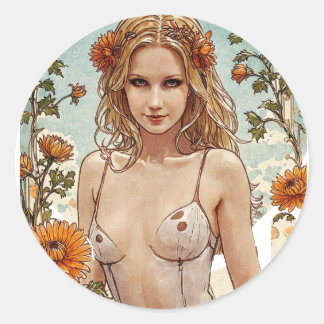 Hübsch Blonde V1 Mucha Art Runder Aufkleber