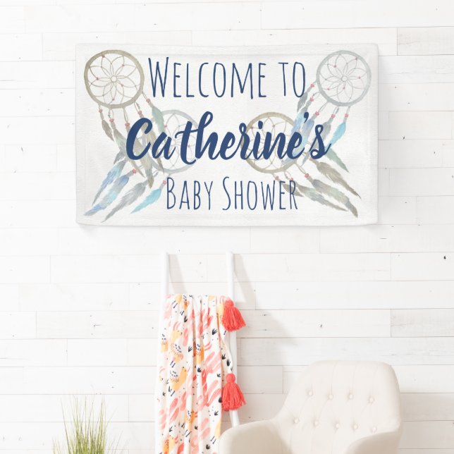 Hübsch Blue Boho Dreamcatcher Baby Dusche Willkomm Banner (Insitu)