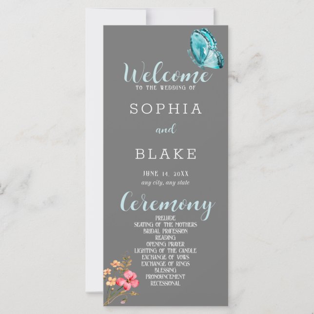 Hübsch Blue Butterfly Gray Wedding Program (Vorderseite)