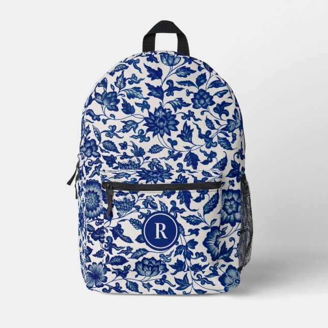 Hübsch Blue Chinoiserie Chinesische Blume Vintag Bedruckter Rucksack (Vorderseite)