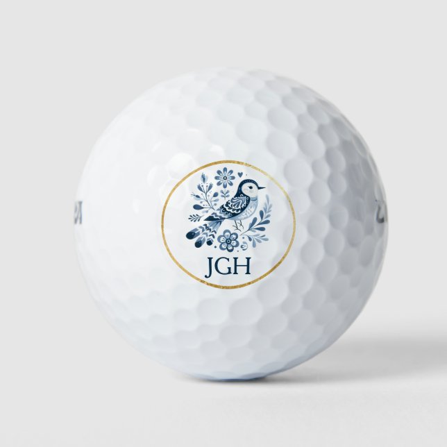 Hübsch Blue Folk Bird Monogramed Custom Golfball (Vorderseite)