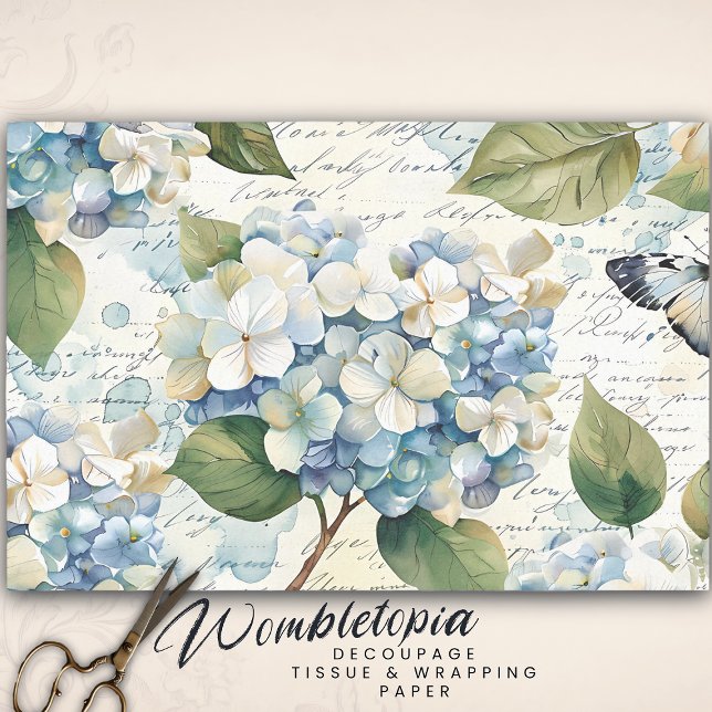 Hübsch Blue Hydrangea Ephemera Script Decoupage Seidenpapier (Von Creator hochgeladen)