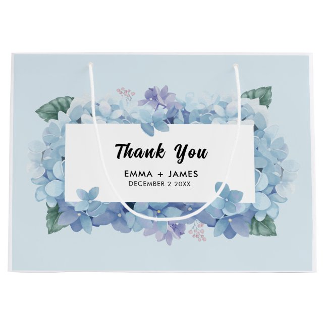 Hübsch Blue Hydrangeas Script Wedding Vielen Dank Große Geschenktüte (Vorderseite)