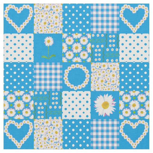 Hübsch Blue Imitats Patchwork Daisy Chains Fabric Stoff (Nahaufnahme)
