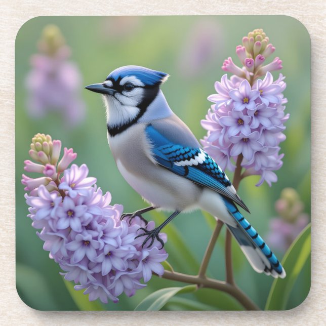 Hübsch Blue Jay Stehend auf Lilac Branchen Getränkeuntersetzer (Vorderseite)