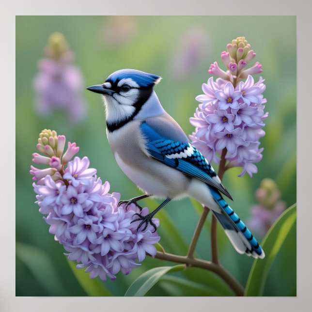 Hübsch Blue Jay Stehend auf Lilac Branchen Poster (Vorne)