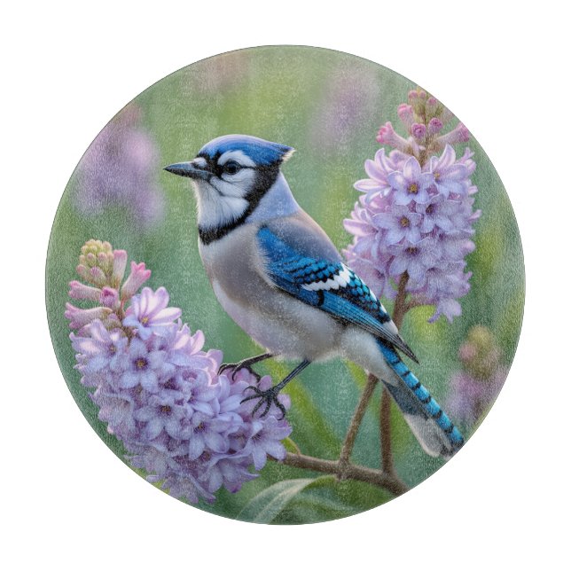 Hübsch Blue Jay Stehend auf Lilac Branchen Schneidebrett (Vorderseite)