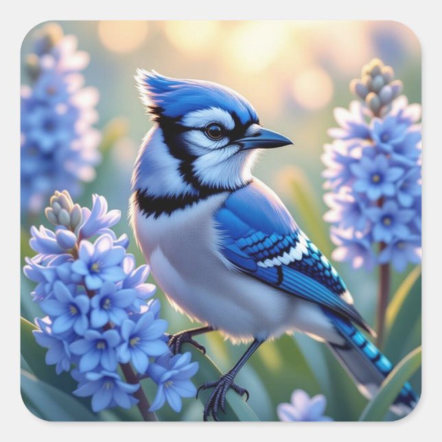 Hübsch Blue Jay und Lilacs AI Illustration Quadratischer Aufkleber (Vorderseite)