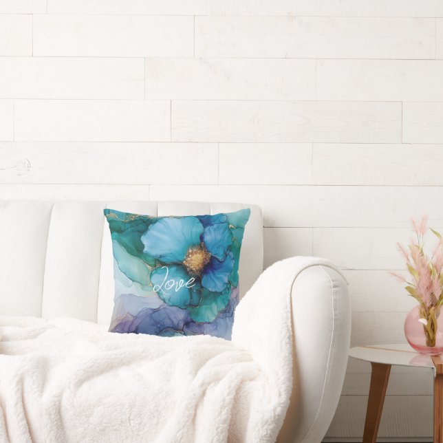 Hübsch Blue Lila Aqua Gold Floral Kissen (Liege)