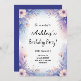 Hübsch Blue & Lila Girl's Blume Geburtstagsparty Einladung