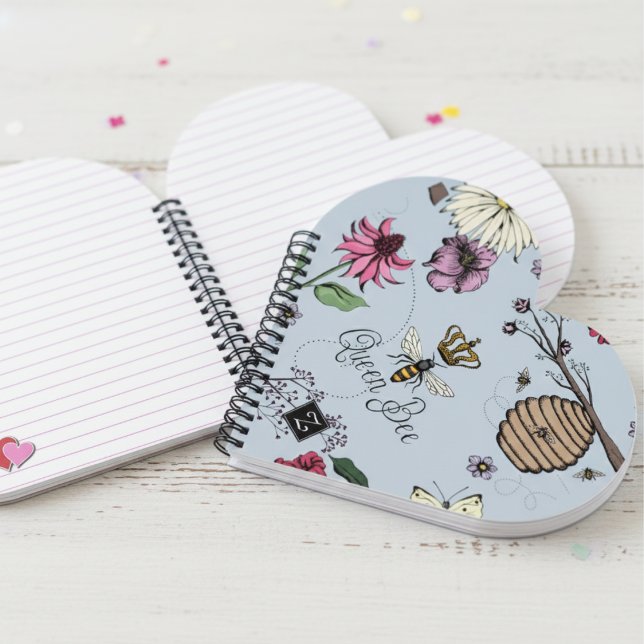 Hübsch Blue Queen Bee & Royal Crown Floral Notizbuch (Modern Floral Queen Bee Notebooks for Nature Lover. Queen Bee, Crown, Bees, Beehive, Flower Pattern )