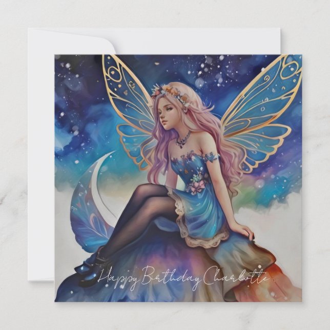 Hübsch Blue Watercolor Fairy Birthday Karte (Vorderseite)