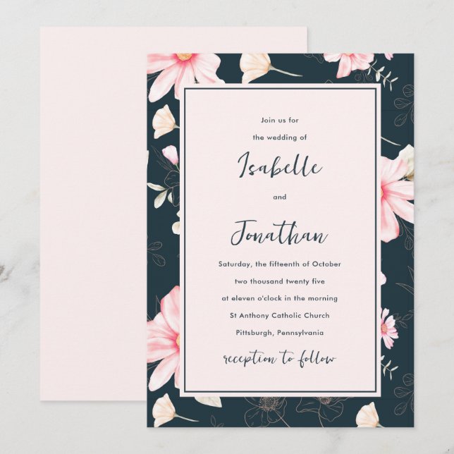 Hübsch Blush Blue Floral Muster Hochzeit Einladung (Vorne/Hinten)