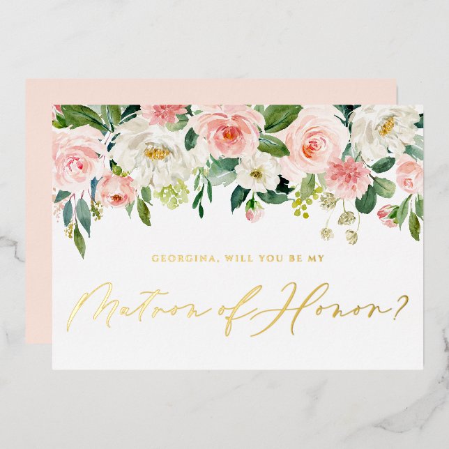 Hübsch Blush Blume wirst du meine Ehrenmatrone sei Folieneinladung (Vorderseite/Rückseite)