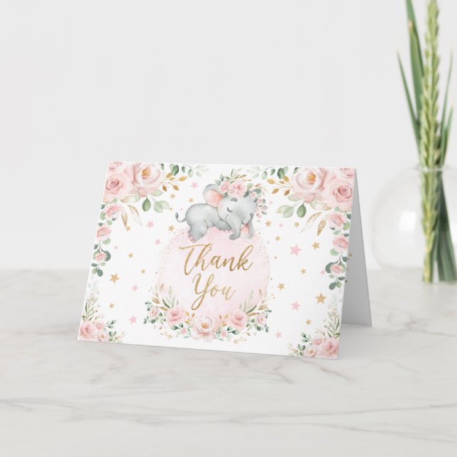 Hübsch Blush Floral Elephant Babydusche Danke Karte (Vorderseite)