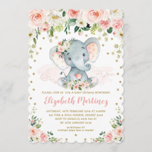 Hübsch Blush Floral Elephant Girl Babydusche Einladung