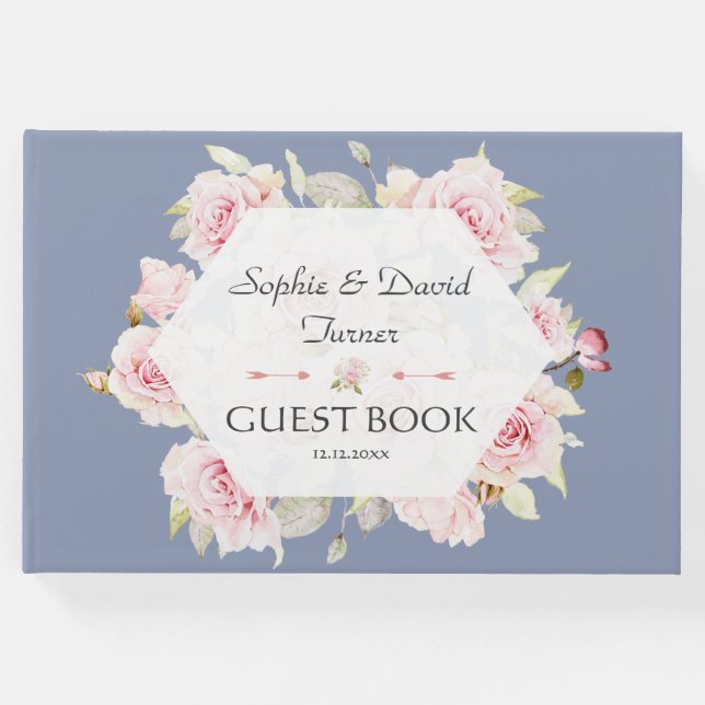 Hübsch Blush Floral Geometric Dusty Blue Wedding Gästebuch (Vorderseite)