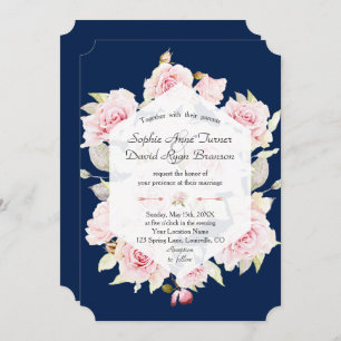 Hübsch Blush Floral Geometric Navy Blue Wedding Einladung