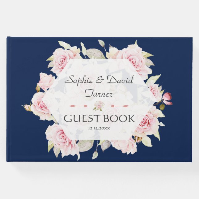 Hübsch Blush Floral Geometric Navy Blue Wedding Gästebuch (Vorderseite)