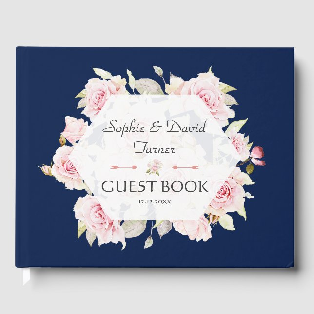 Hübsch Blush Floral Geometric Navy Blue Wedding Gästebuch (Vorderseite)