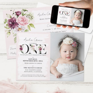 Hübsch Blush Floral ONE Baby Girl's First Birthday Einladung