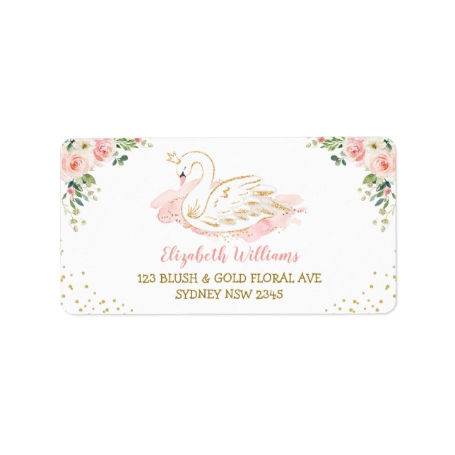 Hübsch Blush Floral Swan Princess Rücksendeadresse Adressaufkleber (Vorne)