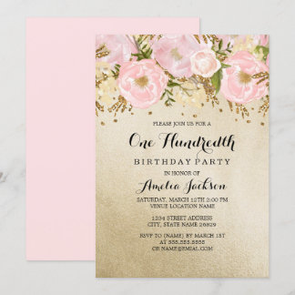 Hübsch Blush Gold Pink Floral 100. Geburtstag Einladung