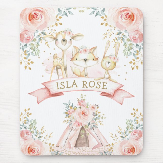 Hübsch Blush-Gold-Rose Stamm-Woodland-Tiere Mousepad (Vorne)