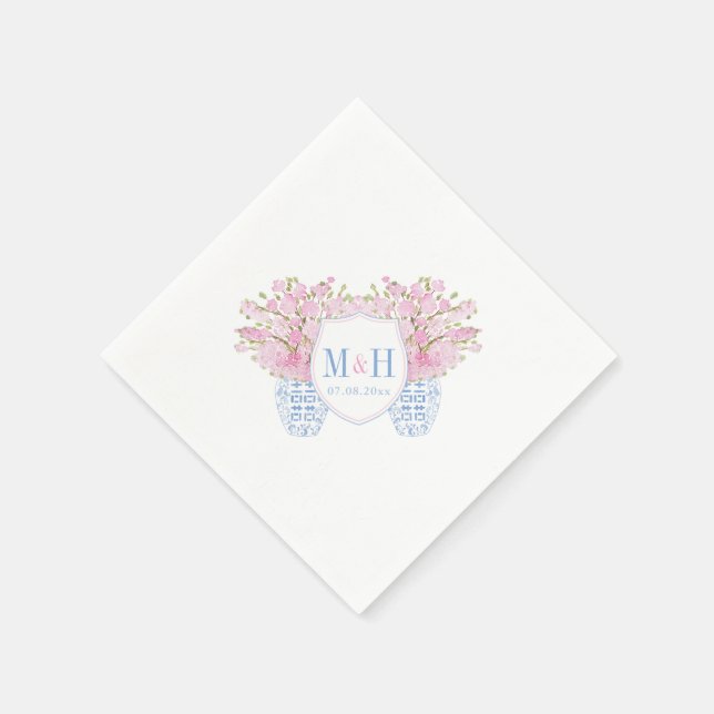 Hübsch Blush Pink Blue Monogram Wedding Serviette (Ecke)