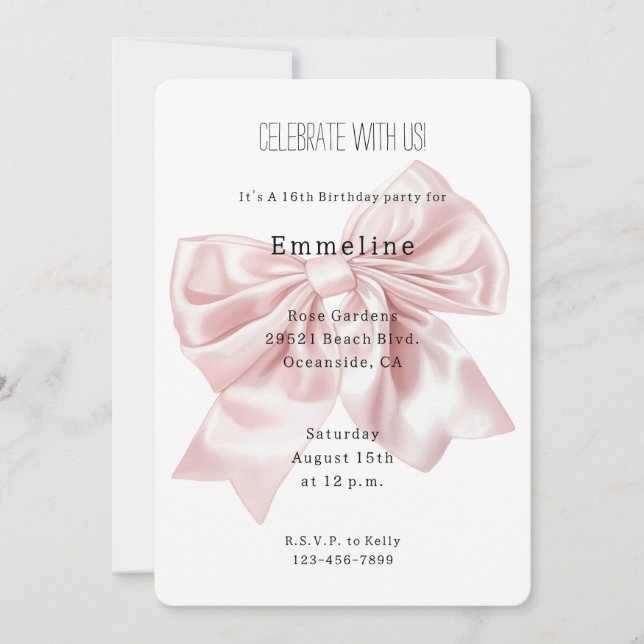 Hübsch Blush Pink Bow Geburtstag Einladung (Vorderseite)
