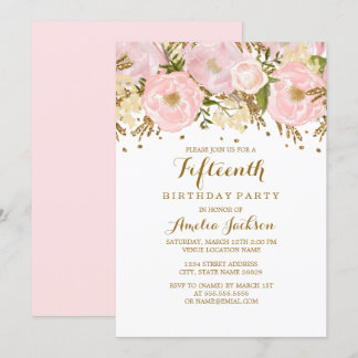 Hübsch Blush Pink Gold Floral 15. Geburtstag Einladung