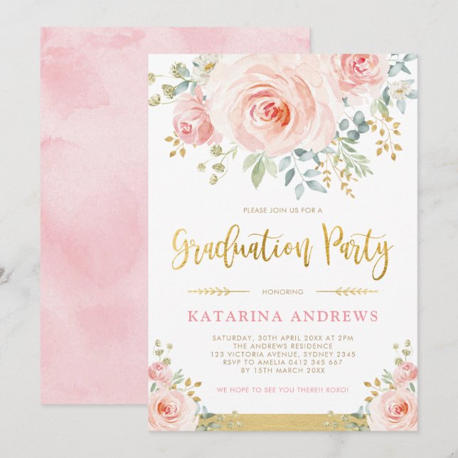 Hübsch Blush Pink Gold Floral Graduation Party Einladung (Vorne/Hinten)